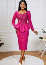 Fashion Square Neck Sequin Dress Long Sleeve Slim Waist Ruffle Bodycon Evening Party Dress Fashion Square Neck Sequin Dress Long Sleeve Slim Waist Ruffle Bodycon Evening Party Dress