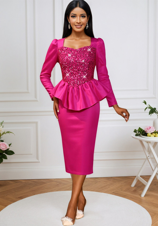 Fashion Square Neck Sequin Dress Long Sleeve Slim Waist Ruffle Bodycon Evening Party Dress