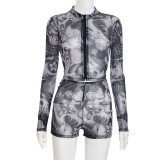 Women's Summer Autumn Zipper Round Neck See-Through Print Long Sleeve Two Piece Shorts Set