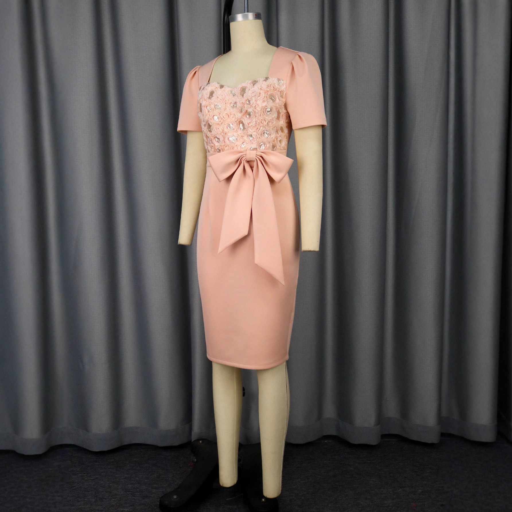Women's Rose Square Neck Bow Slim Waist Formal Party Bodycon Dress