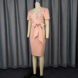 Women's Rose Square Neck Bow Slim Waist Formal Party Bodycon Dress
