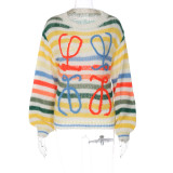 Women's Spring Rainbow Color Block Striped Sweater Loose Knit Pullover Top