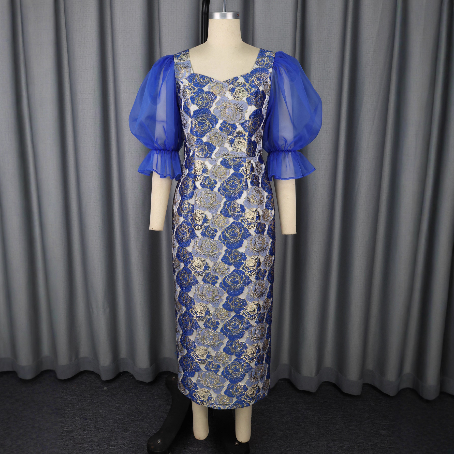 Square Neck Puff Sleeve Fashion Blue-Gold Color Block Slim Formal Party Evening Dresses