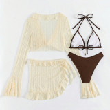 Long Sleeve Beach Cover-Up Sun Protection Women Four-Piece Ruffle Trim Swimsuit Set