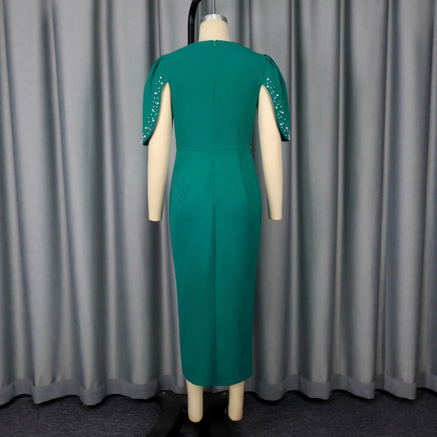 Women's Round Neck Ruffle Sleeve Beaded Slim Waist Slit Bodycon Formal Party Dress