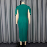 Women's Round Neck Ruffle Sleeve Beaded Slim Waist Slit Bodycon Formal Party Dress