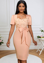 Women's Rose Square Neck Bow Slim Waist Formal Party Bodycon Dress Women's Rose Square Neck Bow Slim Waist Formal Party Bodycon Dress