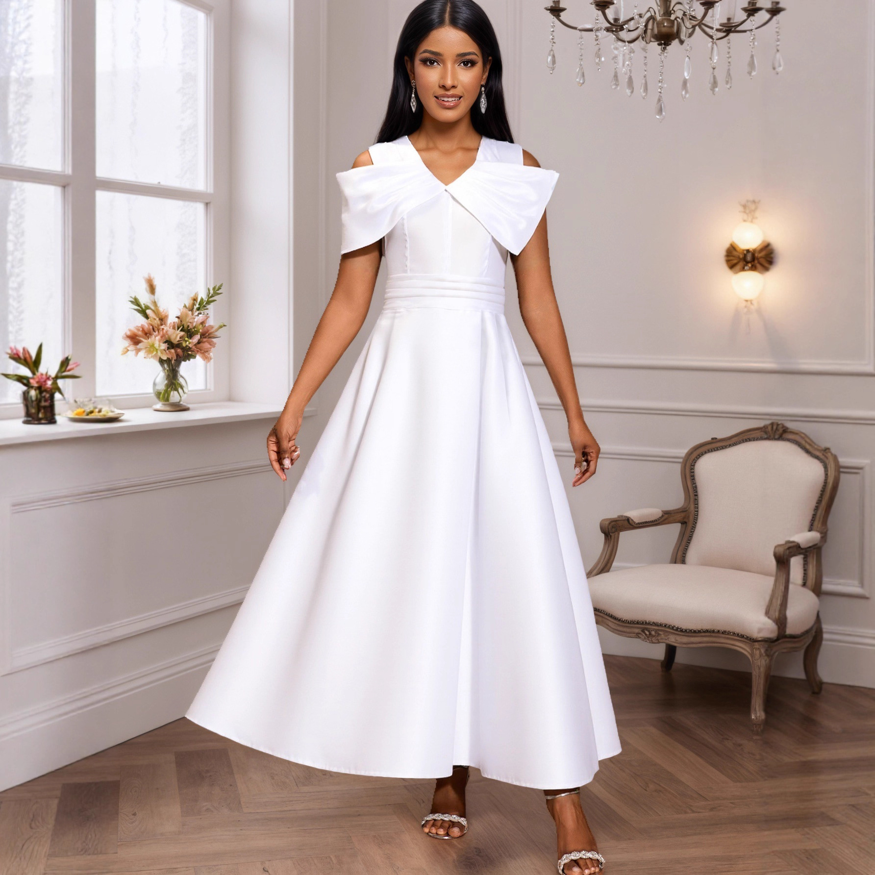 Off-Shoulder Sexy V-Neck Bow White Formal Party Dress Slim Waist Elegant Evening Gown