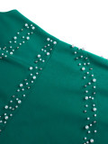 Women's Round Neck Ruffle Sleeve Beaded Slim Waist Slit Bodycon Formal Party Dress