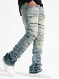 Street Fashion Men's Straight Leg Elastic Patch Denim Pants