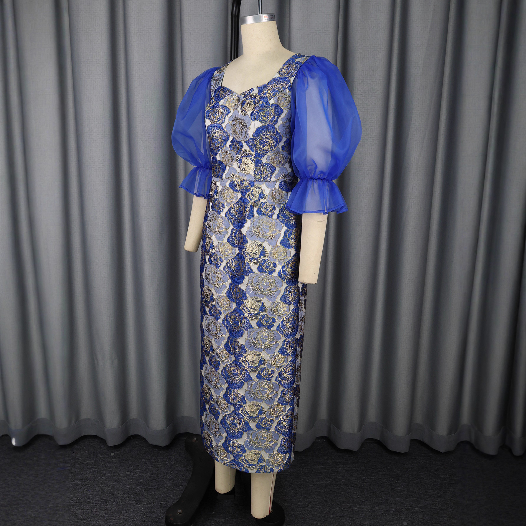 Square Neck Puff Sleeve Fashion Blue-Gold Color Block Slim Formal Party Evening Dresses