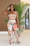 Casual Print Ruffle Strappy Top and Wide-Leg Pants Two-Piece Set