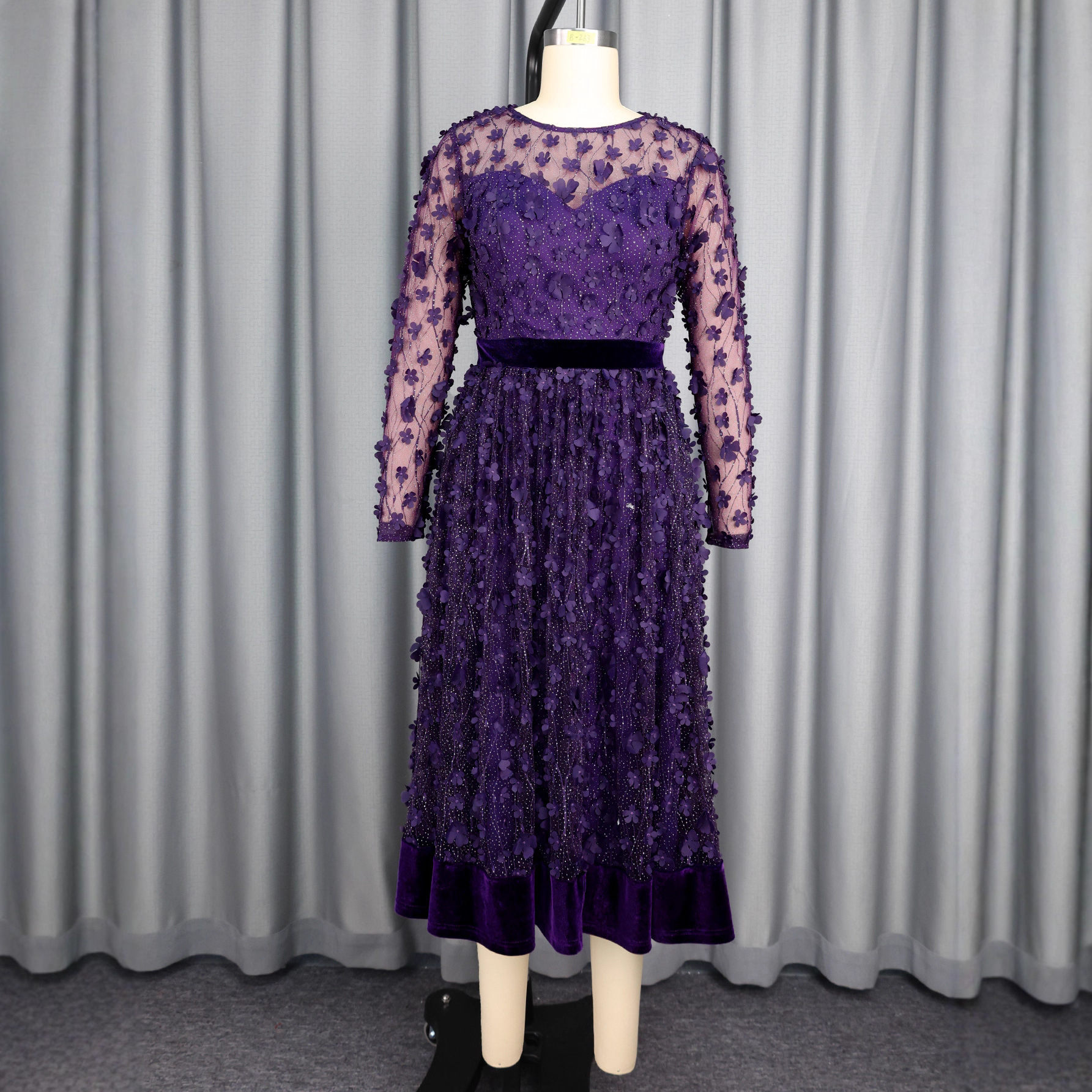 Round Neck Mesh Long Sleeve Dress Velvet Slim Waist A-Line Formal Party Midi Dress