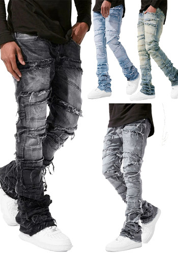 Street Fashion Men's Straight Leg Elastic Patch Denim Pants