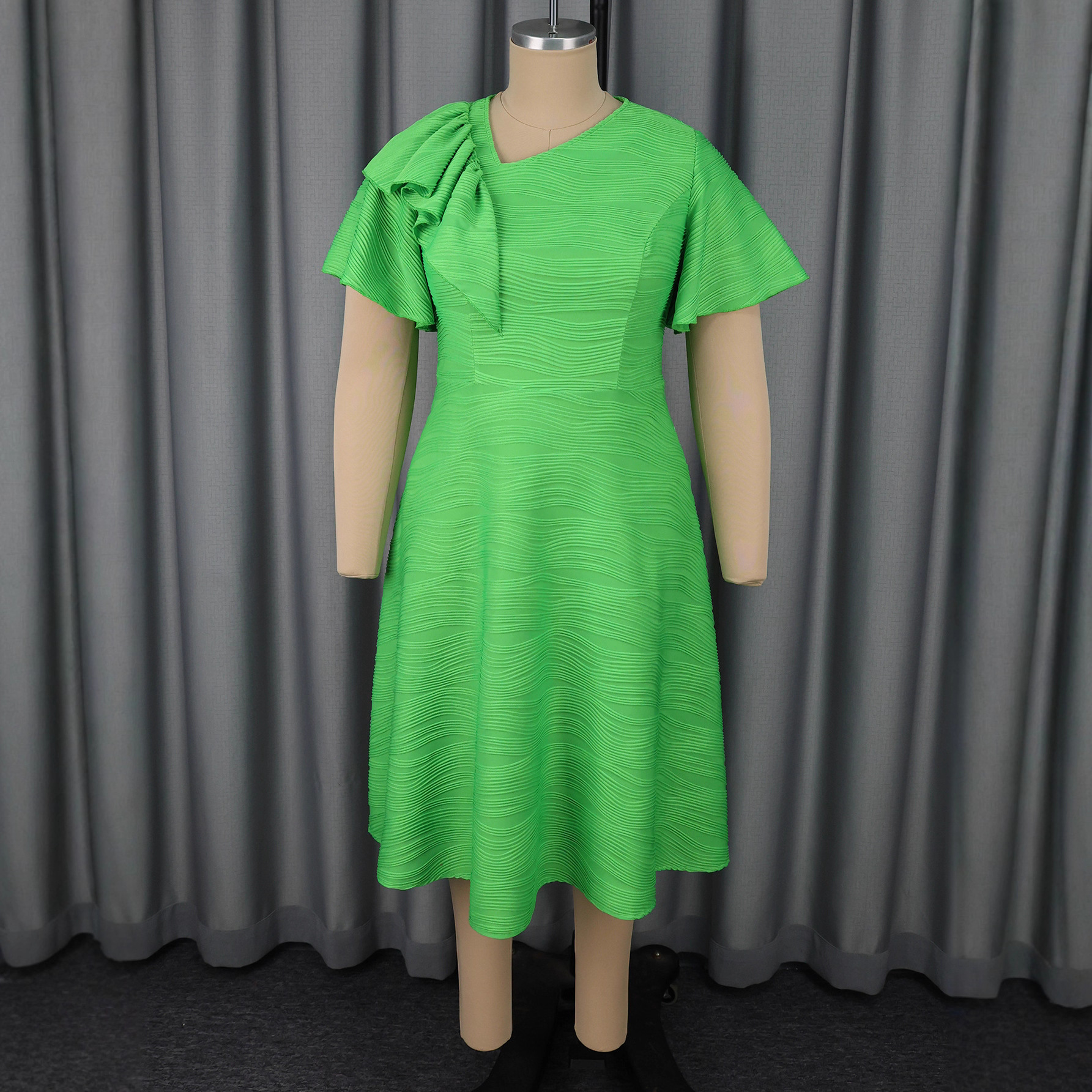 Fashion Water Wave Slash Shoulder Party Dress Asymmetric Ruffle Slim Waist A-Line Dress