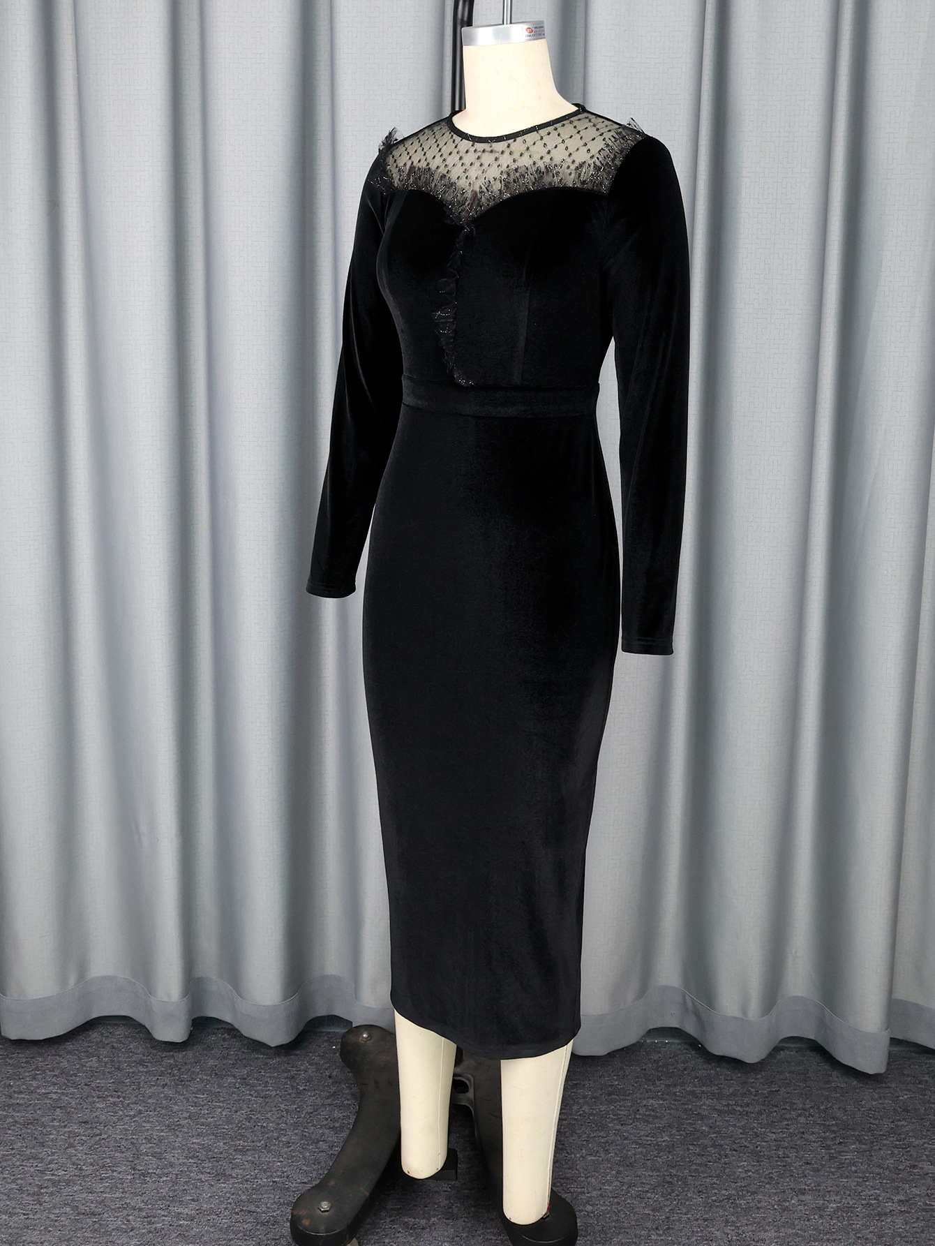 Round Neck See-Through Velvet Dress Sexy Mesh Patchwork Long Sleeve Slim Bodycon Evening Dress