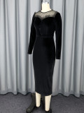 Round Neck See-Through Velvet Dress Sexy Mesh Patchwork Long Sleeve Slim Bodycon Evening Dress