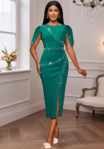 Women's Round Neck Ruffle Sleeve Beaded Slim Waist Slit Bodycon Formal Party Dress Women's Round Neck Ruffle Sleeve Beaded Slim Waist Slit Bodycon Formal Party Dress