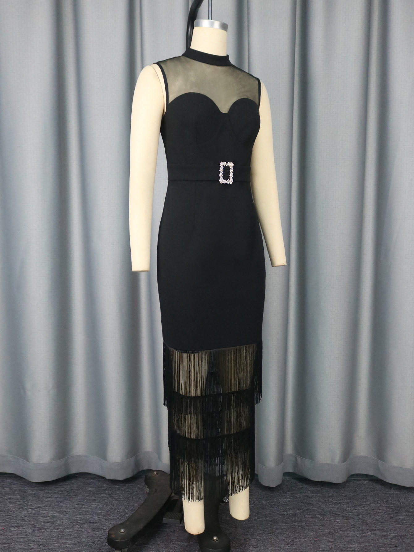 High Neck See-Through Sexy Mesh Patchwork Sleeveless Bodycon Fringe Slim Chic Formal Party Dress