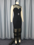 High Neck See-Through Sexy Mesh Patchwork Sleeveless Bodycon Fringe Slim Chic Formal Party Dress