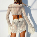 Long Sleeve Beach Cover-Up Sun Protection Women Four-Piece Ruffle Trim Swimsuit Set