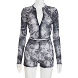 Women's Summer Autumn Zipper Round Neck See-Through Print Long Sleeve Two Piece Shorts Set