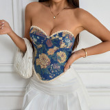 Women street retro flower print herringbone lace lace French herringbone Top