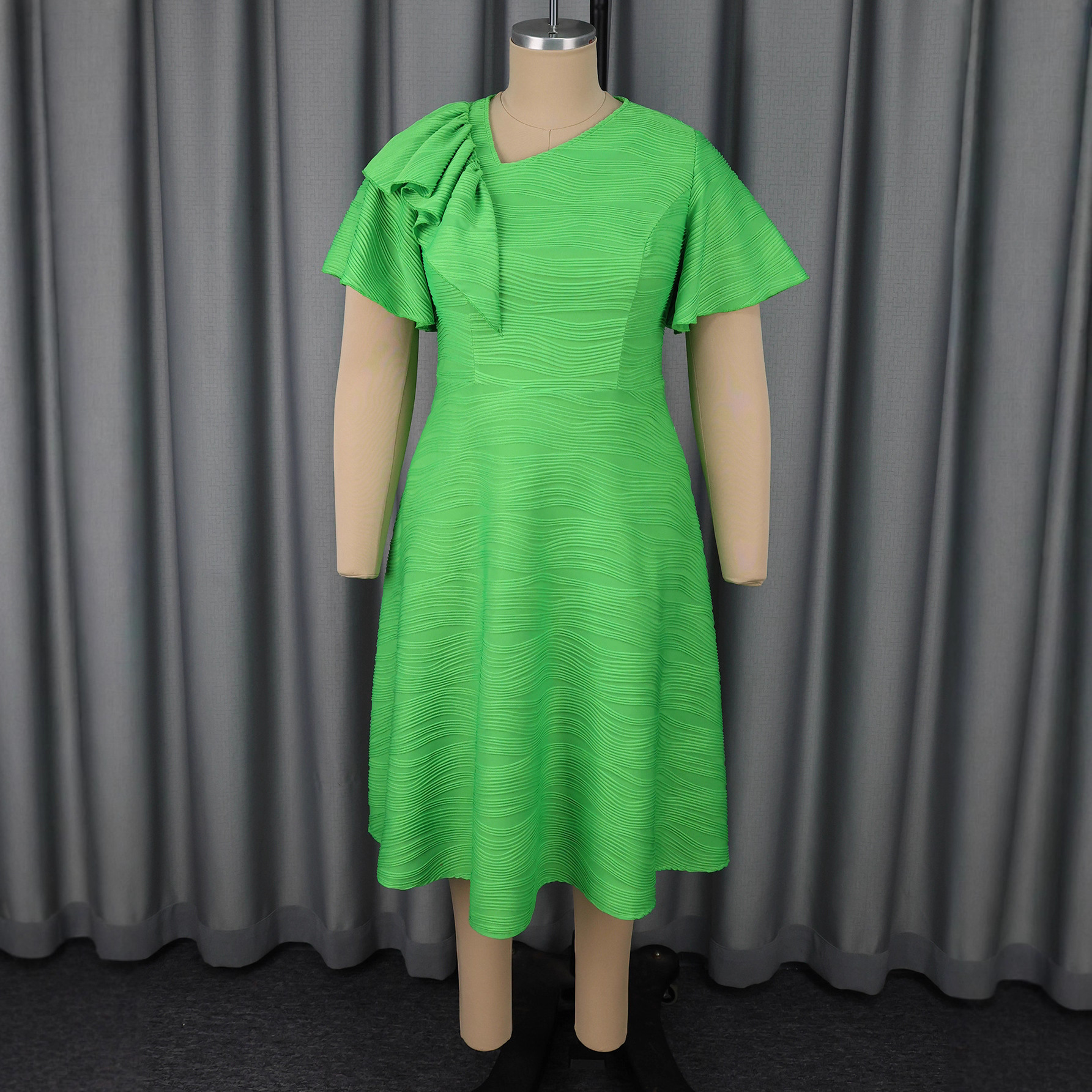 Fashion Water Wave Slash Shoulder Party Dress Asymmetric Ruffle Slim Waist A-Line Dress