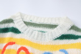 Women's Spring Rainbow Color Block Striped Sweater Loose Knit Pullover Top