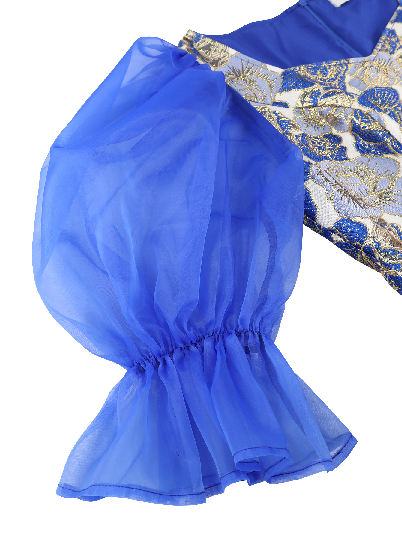 Square Neck Puff Sleeve Fashion Blue-Gold Color Block Slim Formal Party Evening Dresses