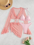 Long Sleeve Beach Cover-Up Sun Protection Women Four-Piece Ruffle Trim Swimsuit Set