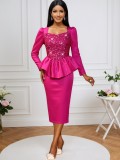 Fashion Square Neck Sequin Dress Long Sleeve Slim Waist Ruffle Bodycon Evening Party Dress