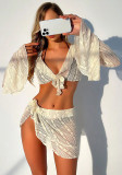 Long Sleeve Beach Cover-Up Sun Protection Women Four-Piece Ruffle Trim Swimsuit Set