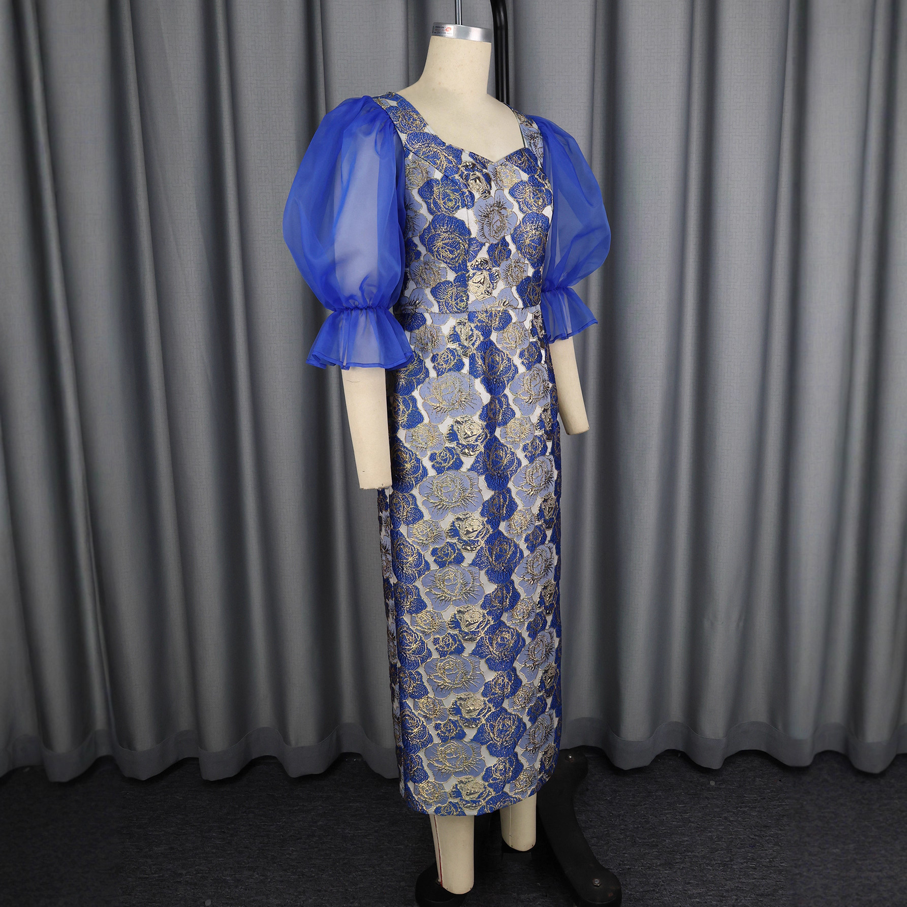 Square Neck Puff Sleeve Fashion Blue-Gold Color Block Slim Formal Party Evening Dresses