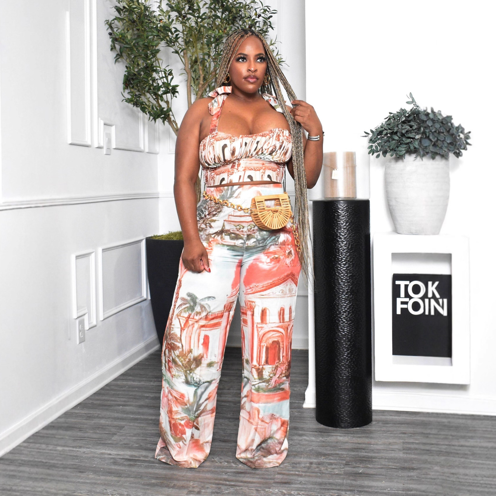 Casual Print Ruffle Strappy Top and Wide-Leg Pants Two-Piece Set