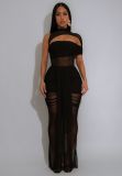 Casual Off-Shoulder Sexy Hollow See-Through Mesh Ruffle Bodycon Dress Set
