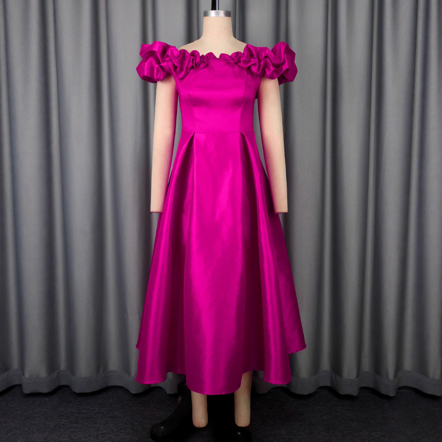 Sexy Off-Shoulder Ruffle Slim Waist A-Line Formal Party Wedding Bridesmaid Chic Midi Dress