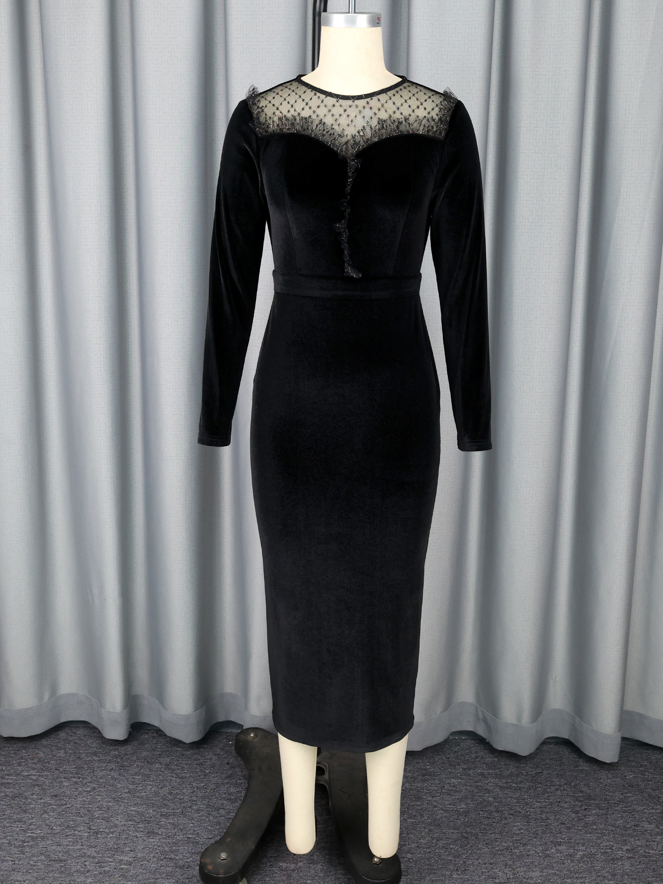 Round Neck See-Through Velvet Dress Sexy Mesh Patchwork Long Sleeve Slim Bodycon Evening Dress