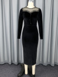 Round Neck See-Through Velvet Dress Sexy Mesh Patchwork Long Sleeve Slim Bodycon Evening Dress