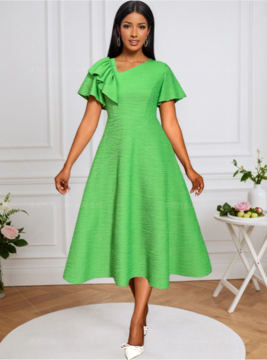 Fashion Water Wave Slash Shoulder Party Dress Asymmetric Ruffle Slim Waist A-Line Dress