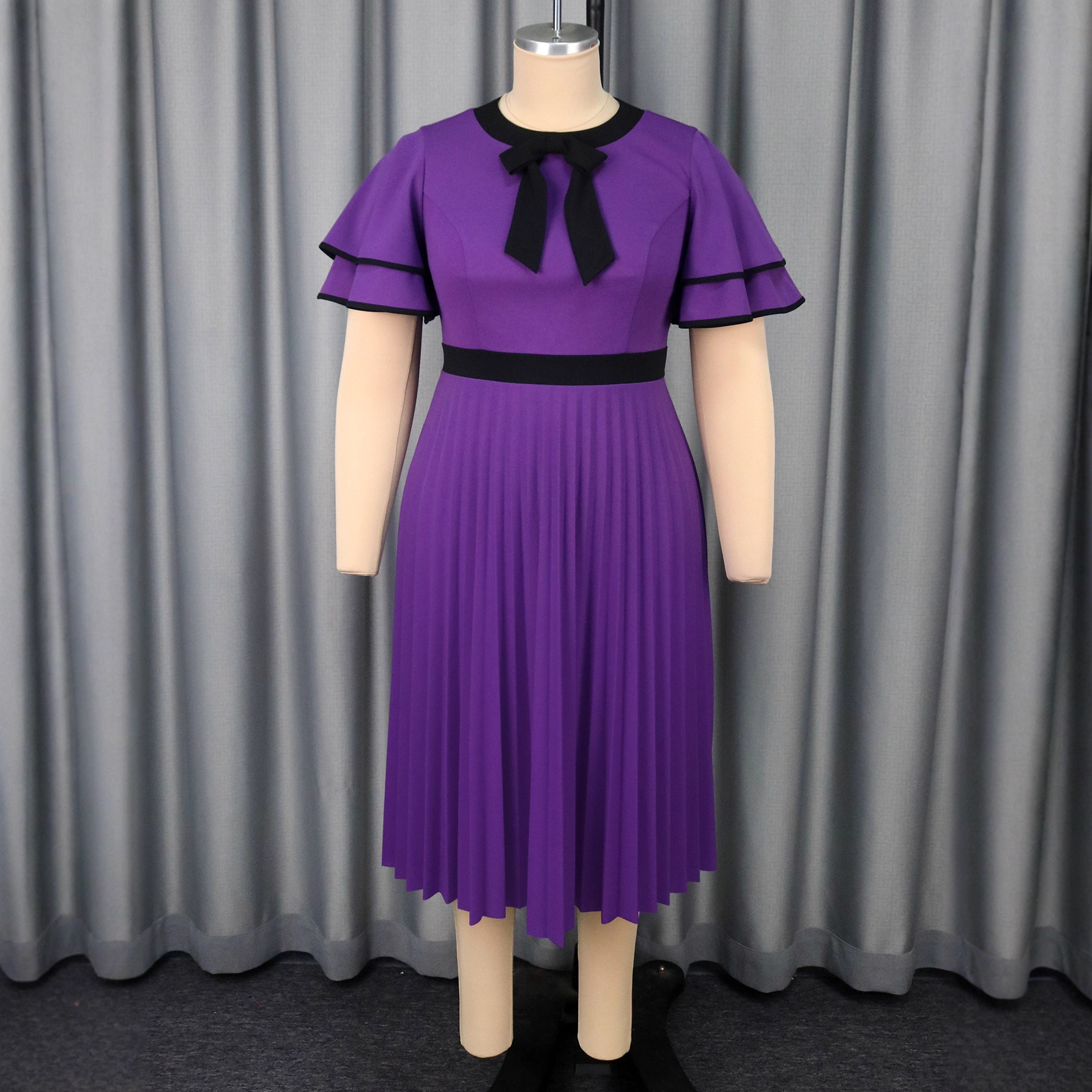 Plus Size Elegant Round Neck Bow Ruffle Sleeve Slim Waist Pleated Party Dresses