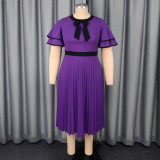 Plus Size Elegant Round Neck Bow Ruffle Sleeve Slim Waist Pleated Party Dresses