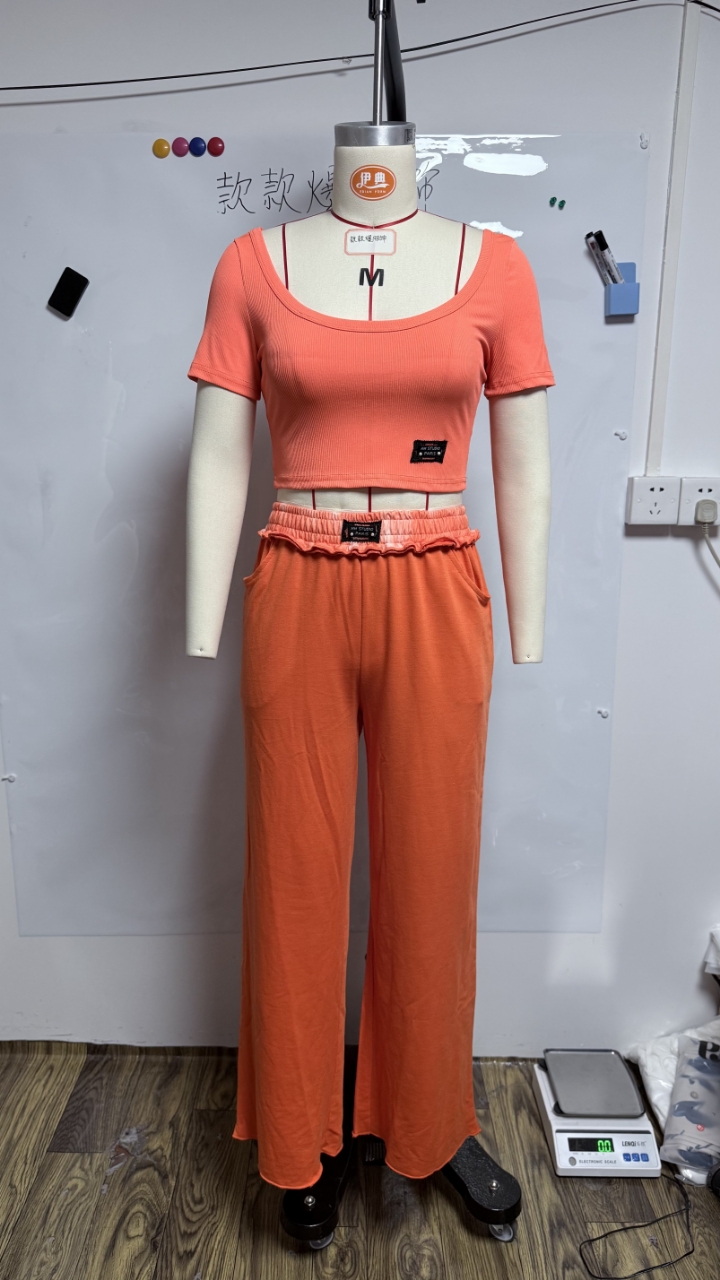 Summer Women's Solid Color Round Neck Short Sleeve Top Casual Pants Set