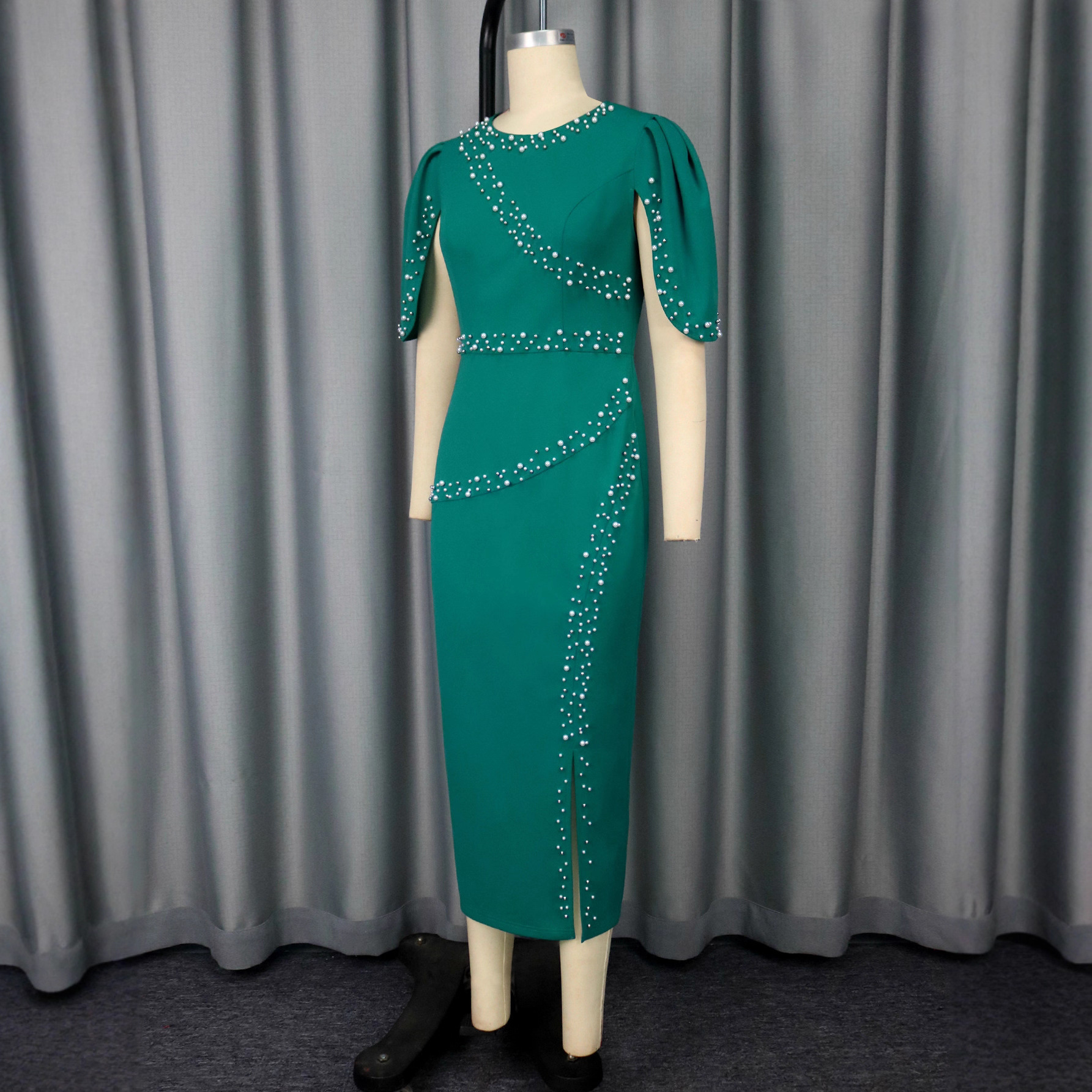 Women's Round Neck Ruffle Sleeve Beaded Slim Waist Slit Bodycon Formal Party Dress