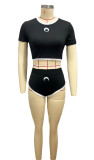 Black And White Patchwork Round Neck Moon Print Tight Fitting Two Piece Shorts Set