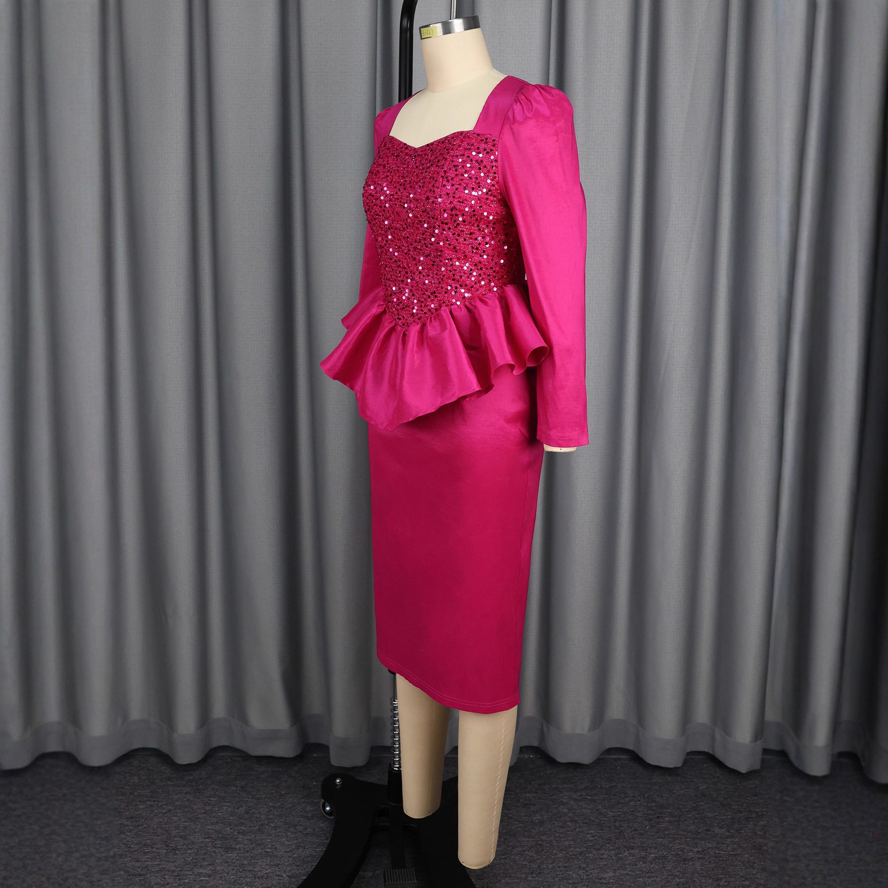 Fashion Square Neck Sequin Dress Long Sleeve Slim Waist Ruffle Bodycon Evening Party Dress