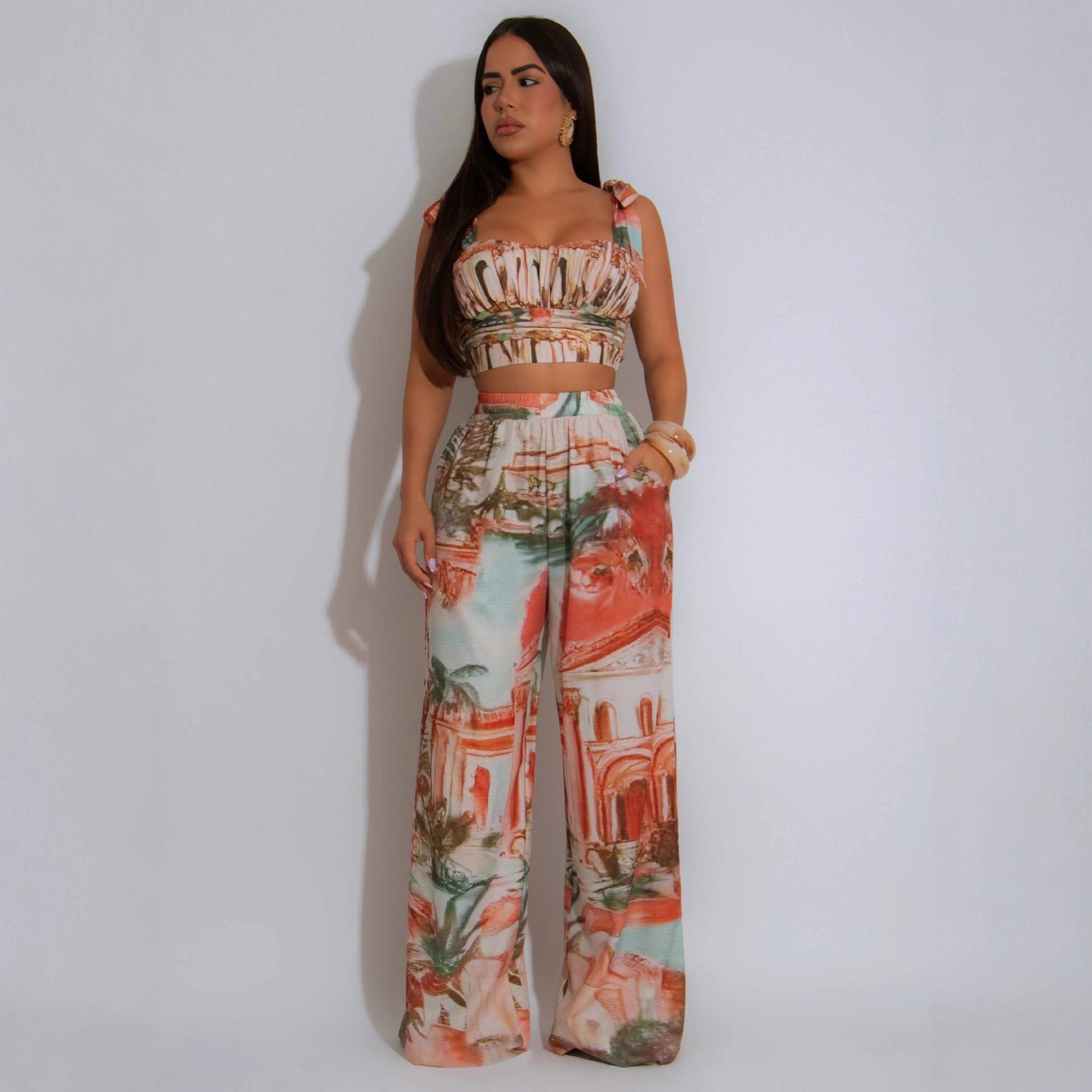 Casual Print Ruffle Strappy Top and Wide-Leg Pants Two-Piece Set