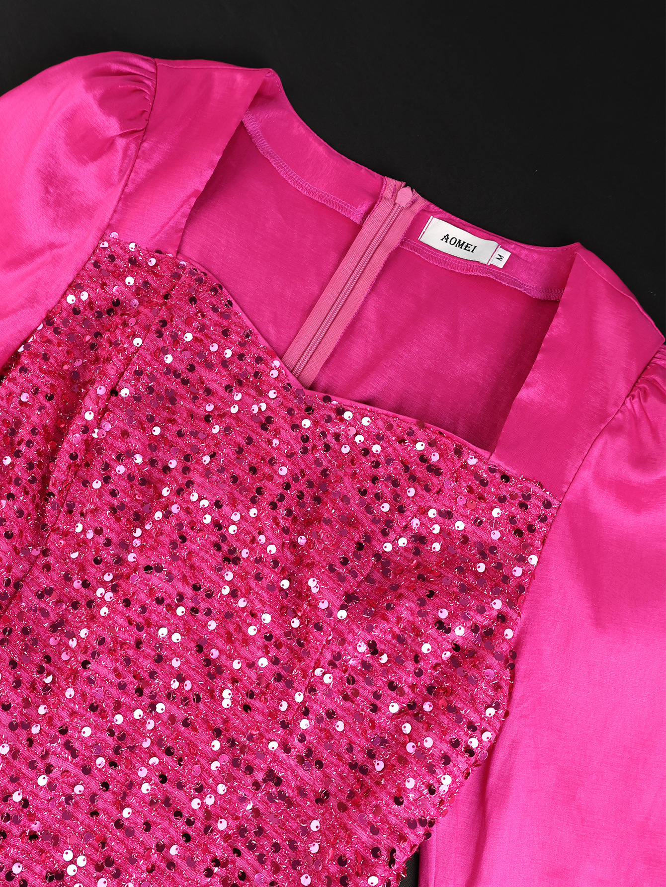 Fashion Square Neck Sequin Dress Long Sleeve Slim Waist Ruffle Bodycon Evening Party Dress