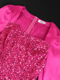 Fashion Square Neck Sequin Dress Long Sleeve Slim Waist Ruffle Bodycon Evening Party Dress