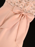 Women's Rose Square Neck Bow Slim Waist Formal Party Bodycon Dress